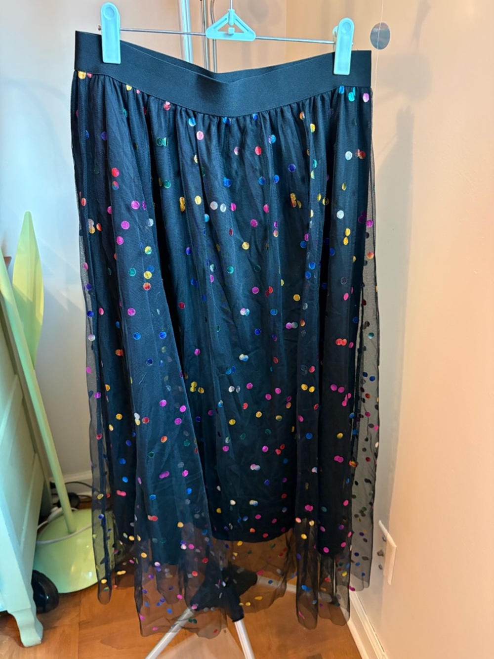 Black Tulle Skirt with Multicolor Sequin Dots L Large